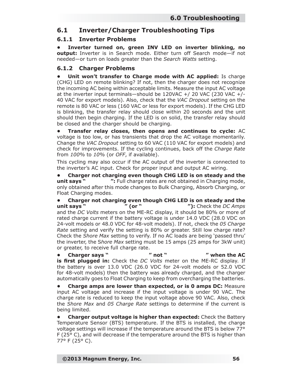 1 inverter/charger troubleshooting tips, 2 charger problems | Magnum Energy ME-RC Remote User Manual | Page 63 / 87