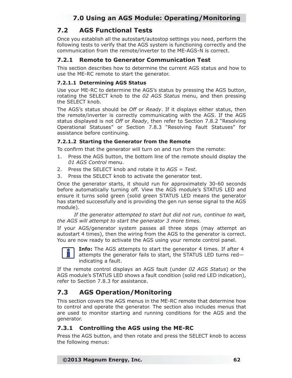 2 ags functional tests, 1 remote to generator communication test, 1 determining ags status | 2 starting the generator from the remote, 3 ags operation/monitoring, 1 controlling the ags using the me-rc | Magnum Energy ME-RC Remote User Manual | Page 69 / 87