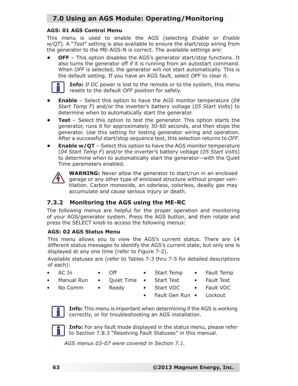 2 monitoring the ags using the me-rc, 0 using an ags module: operating/monitoring | Magnum Energy ME-RC Remote User Manual | Page 70 / 87