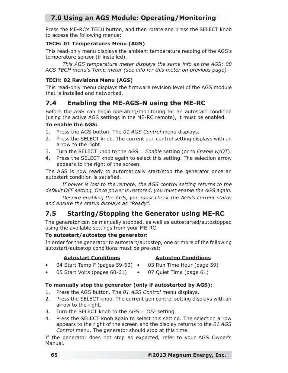 4 enabling the me-ags-n using the me-rc, 5 starting/stopping the generator using me-rc, 0 using an ags module: operating/monitoring | Magnum Energy ME-RC Remote User Manual | Page 72 / 87