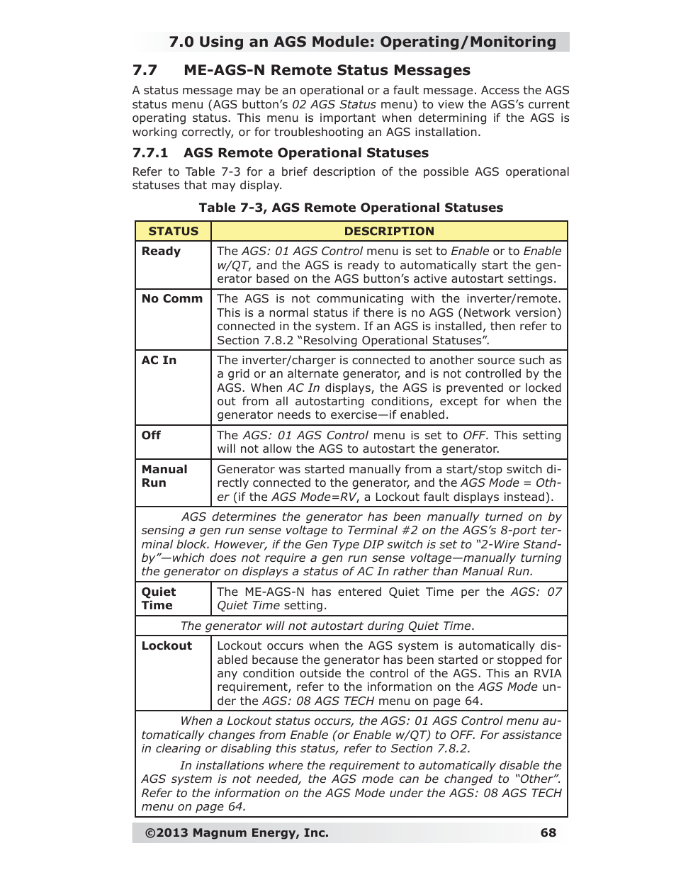 7 me-ags-n remote status messages, 1 ags remote operational statuses, 0 using an ags module: operating/monitoring | Magnum Energy ME-RC Remote User Manual | Page 75 / 87