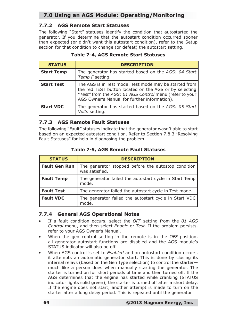 2 ags remote start statuses, 3 ags remote fault statuses, 4 general ags operational notes | 0 using an ags module: operating/monitoring | Magnum Energy ME-RC Remote User Manual | Page 76 / 87