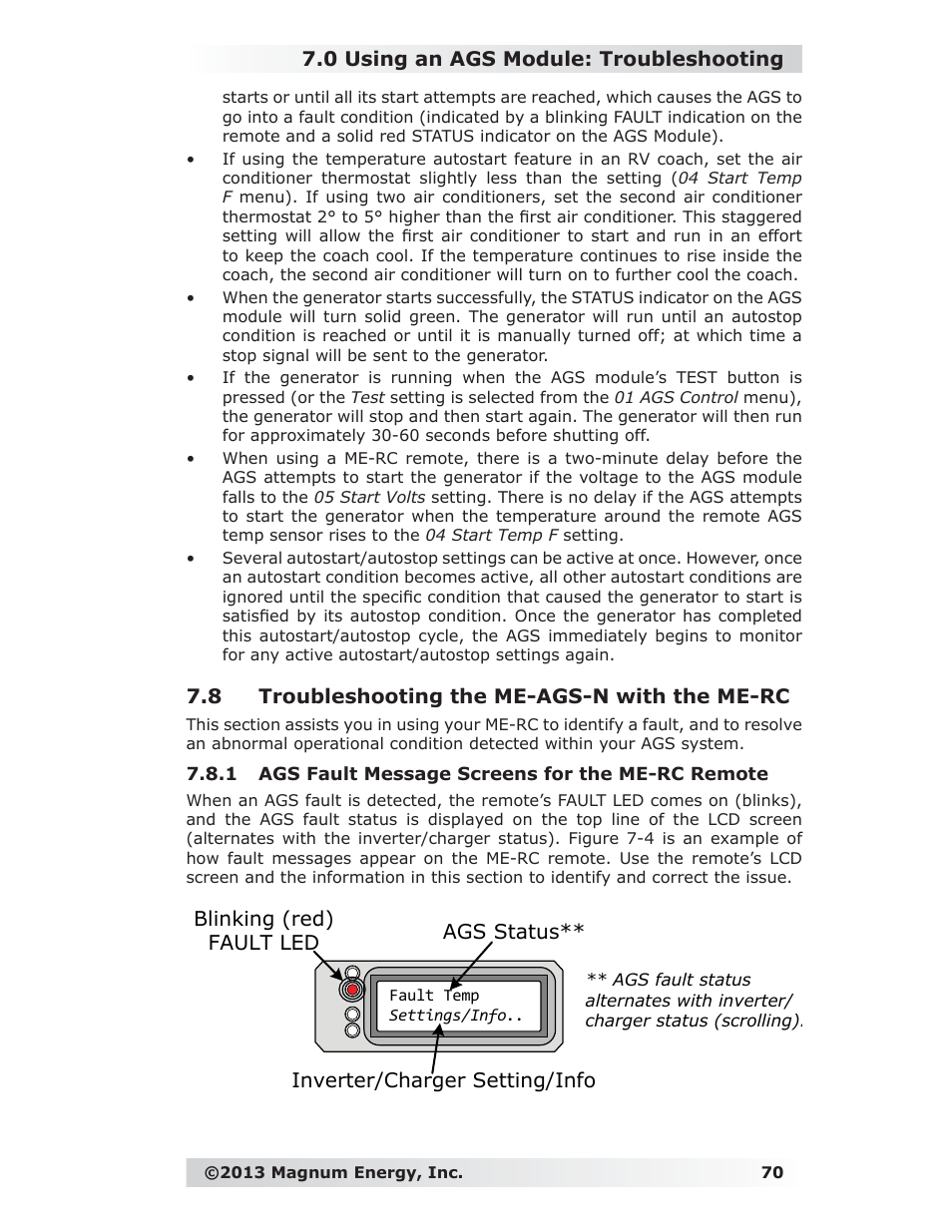 8 troubleshooting the me-ags-n with the me-rc, 1 ags fault message screens for the me-rc remote, 0 using an ags module: troubleshooting | Blinking (red) fault led, Ags status** inverter/charger setting/info | Magnum Energy ME-RC Remote User Manual | Page 77 / 87