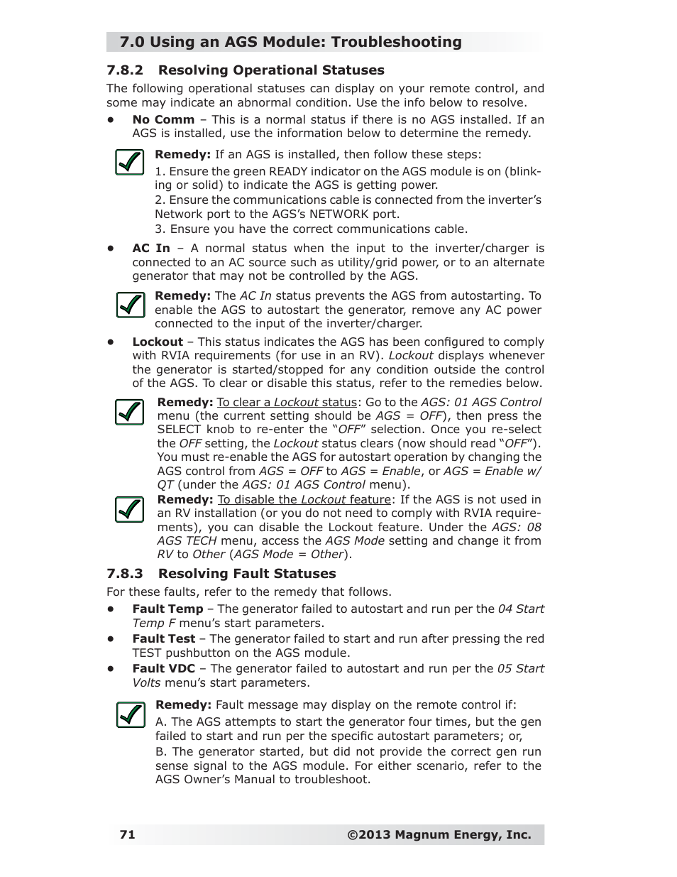 2 resolving operational statuses, 3 resolving fault statuses, 0 using an ags module: troubleshooting | Magnum Energy ME-RC Remote User Manual | Page 78 / 87