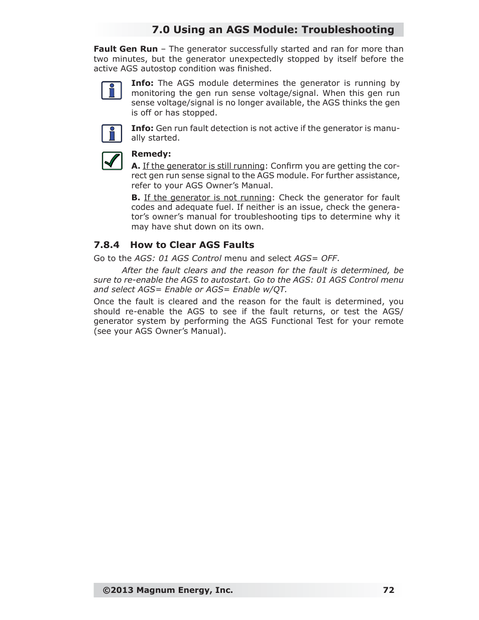 4 how to clear ags faults, 0 using an ags module: troubleshooting | Magnum Energy ME-RC Remote User Manual | Page 79 / 87