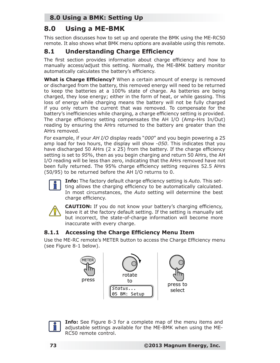 0 using a me-bmk, 1 understanding charge effi ciency, 1 accessing the charge effi ciency menu item | 0 using a bmk: setting up | Magnum Energy ME-RC Remote User Manual | Page 80 / 87