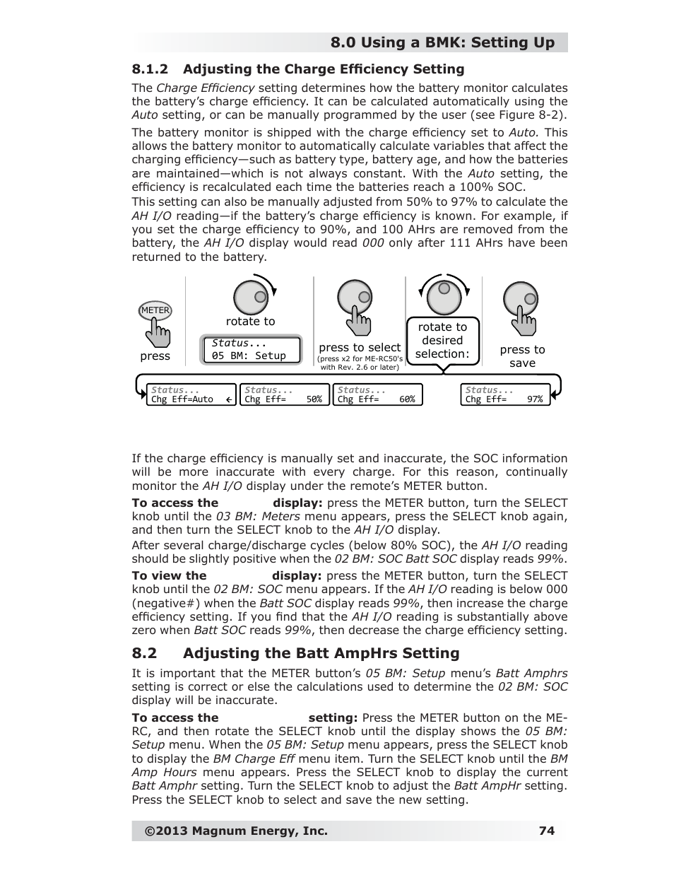 2 adjusting the charge effi ciency setting, 2 adjusting the batt amphrs setting, 0 using a bmk: setting up | Magnum Energy ME-RC Remote User Manual | Page 81 / 87
