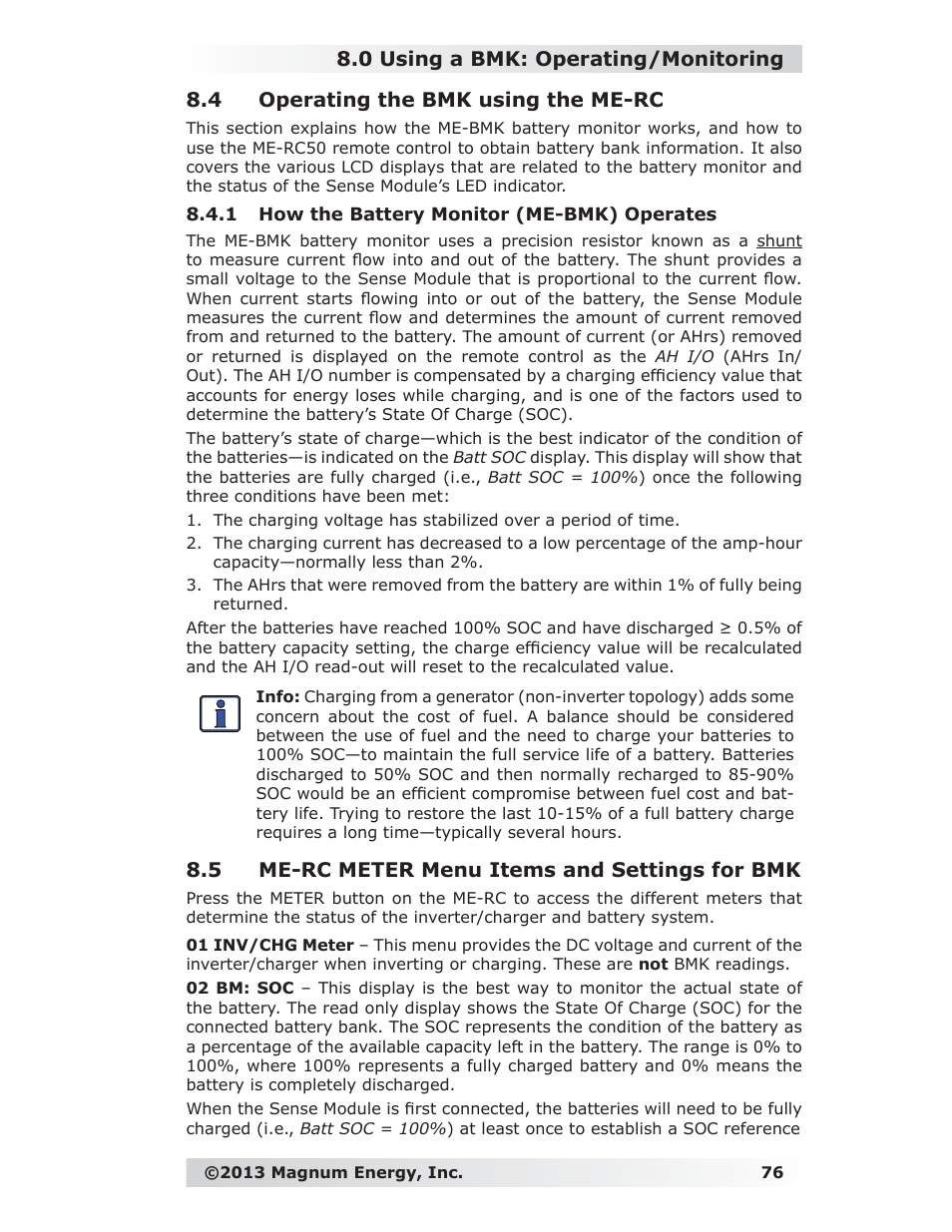 4 operating the bmk using the me-rc, 1 how the battery monitor (me-bmk) operates, 5 me-rc meter menu items and settings for bmk | 0 using a bmk: operating/monitoring | Magnum Energy ME-RC Remote User Manual | Page 83 / 87