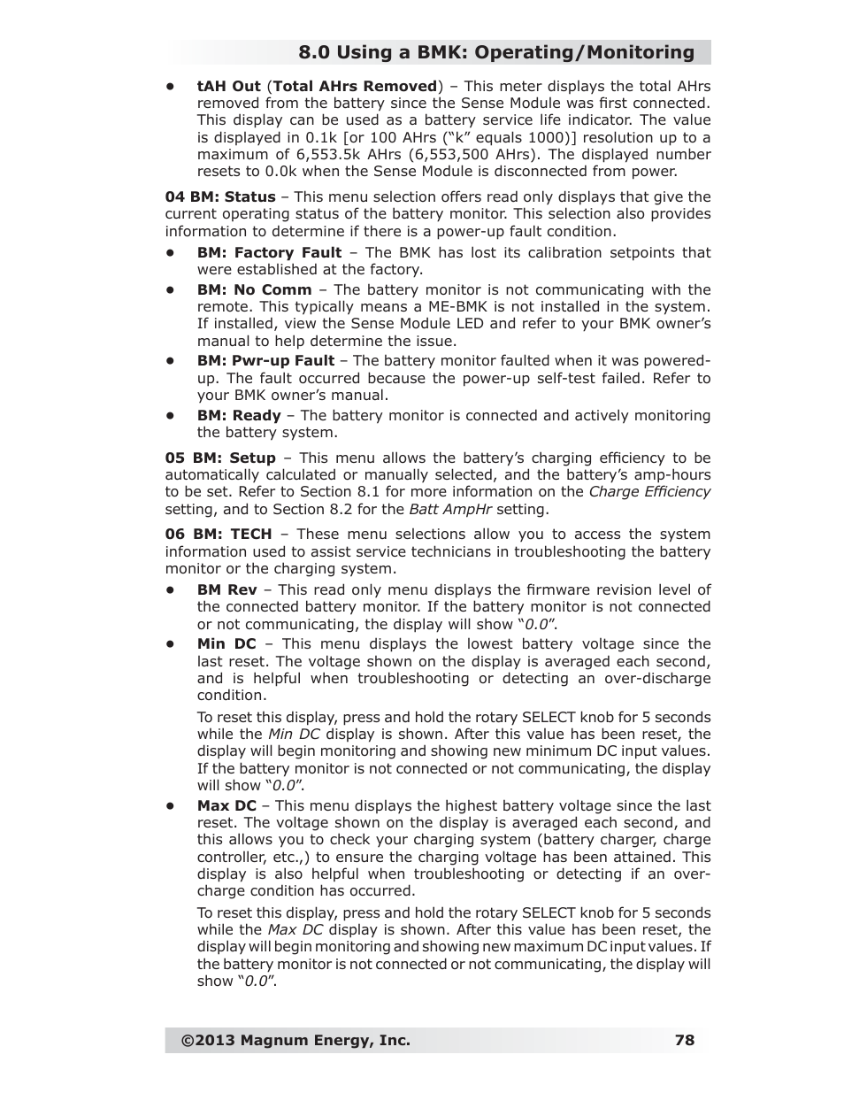 0 using a bmk: operating/monitoring | Magnum Energy ME-RC Remote User Manual | Page 85 / 87