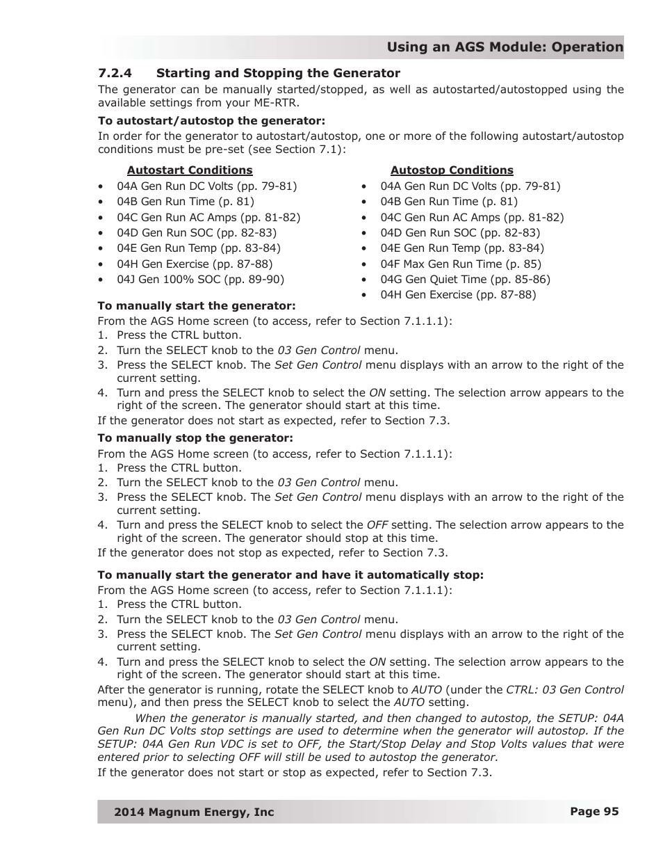 4 starting and stopping the generator | Magnum Energy ME-RTR Router User Manual | Page 103 / 135