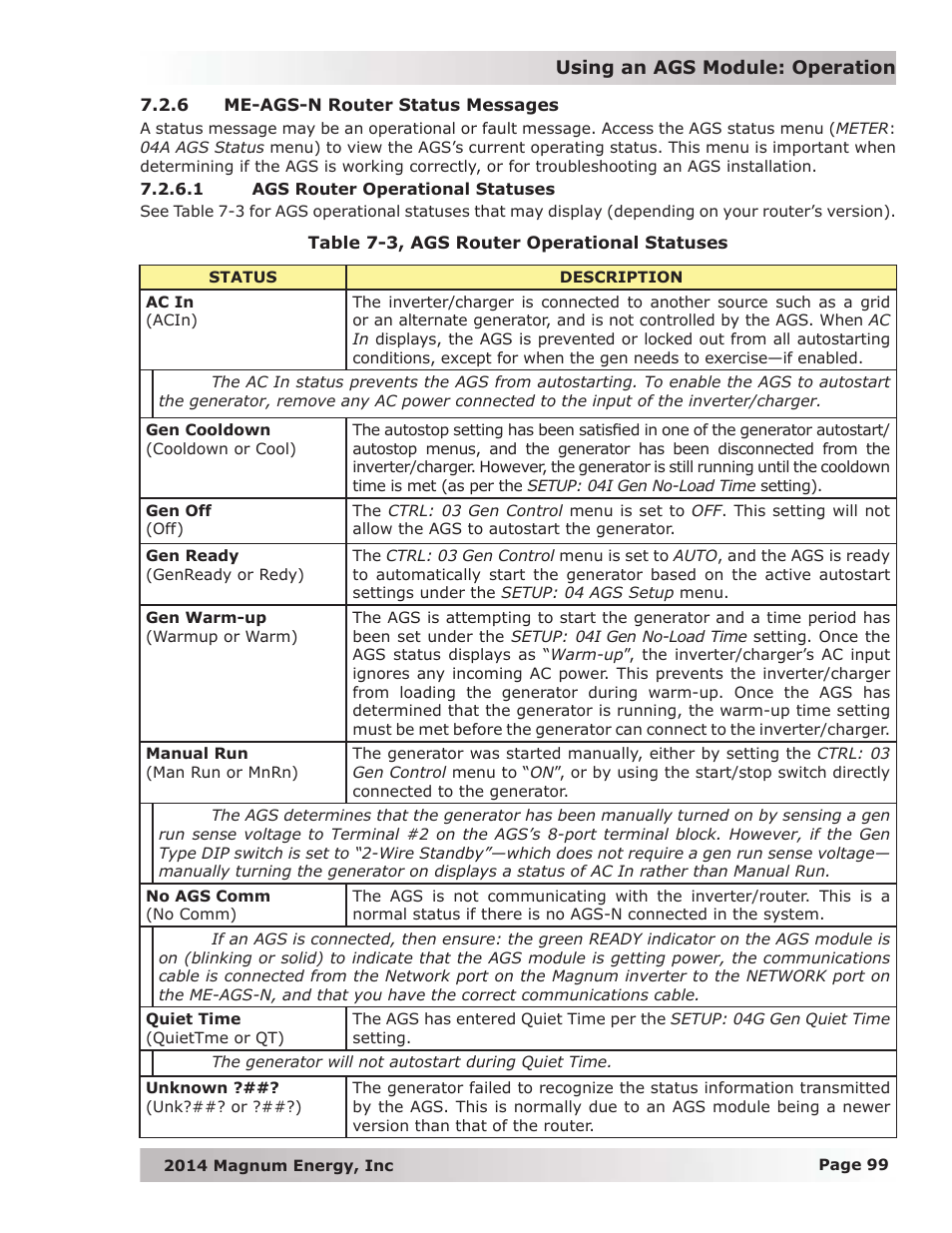 6 me-ags-n router status messages, 1 ags router operational statuses | Magnum Energy ME-RTR Router User Manual | Page 107 / 135