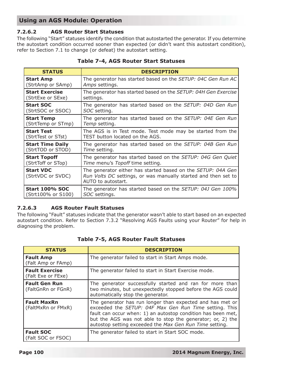 2 ags router start statuses, 3 ags router fault statuses | Magnum Energy ME-RTR Router User Manual | Page 108 / 135
