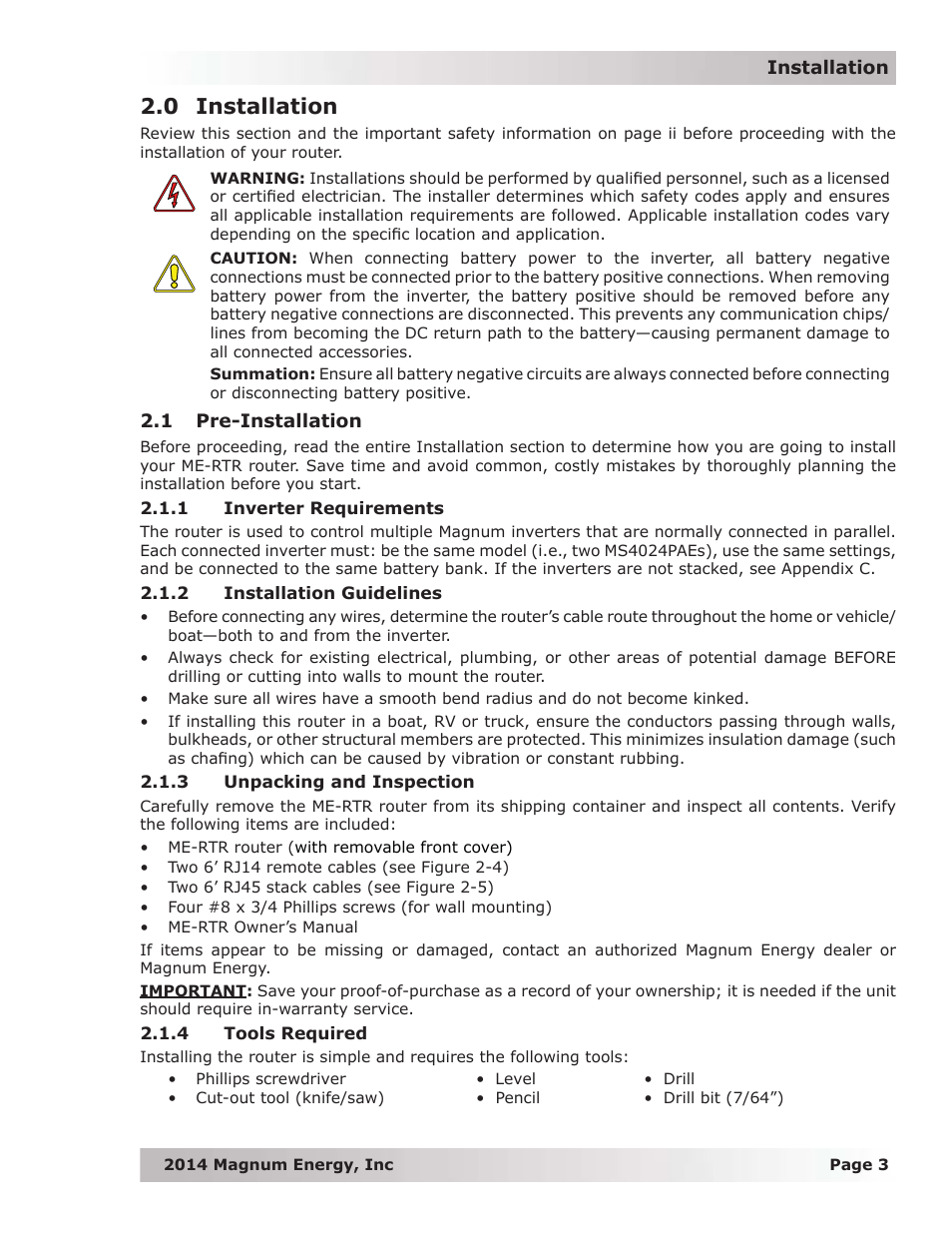 0 installation, 1 pre-installation, 1 inverter requirements | 2 installation guidelines, 3 unpacking and inspection, 4 tools required | Magnum Energy ME-RTR Router User Manual | Page 11 / 135