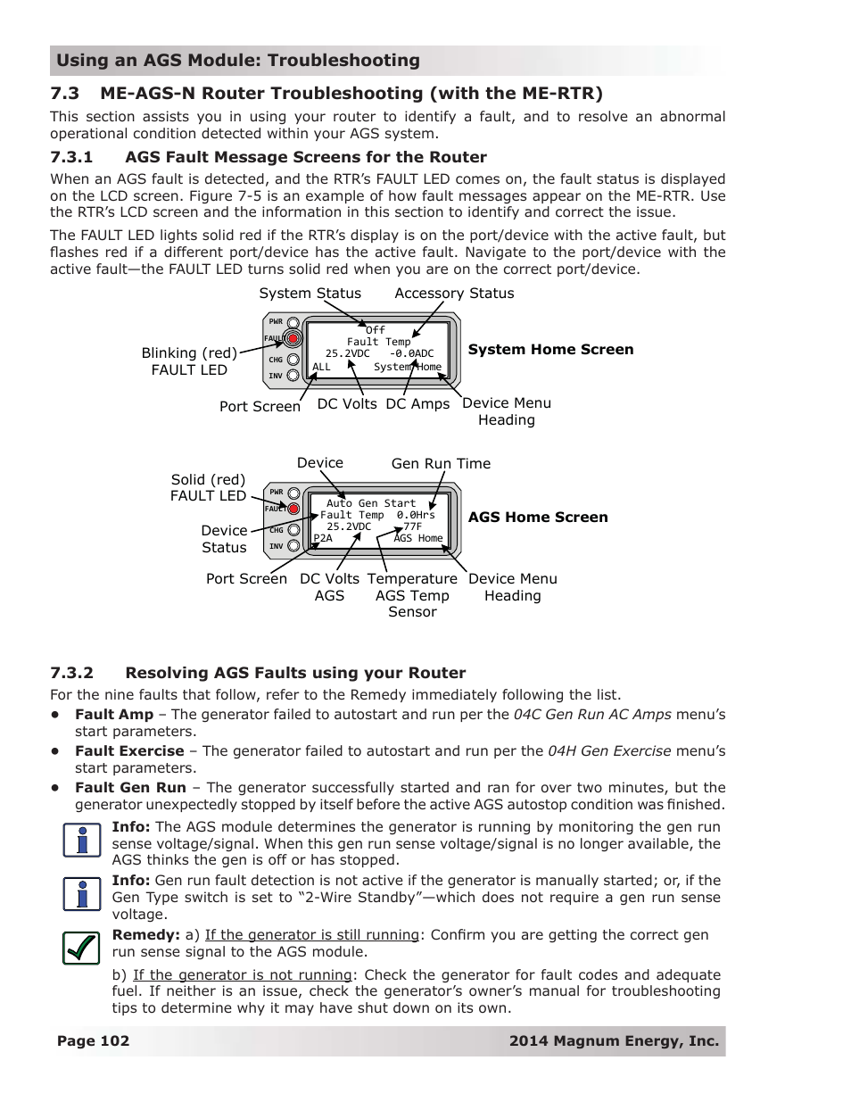 1 ags fault message screens for the router, 2 resolving ags faults using your router | Magnum Energy ME-RTR Router User Manual | Page 110 / 135