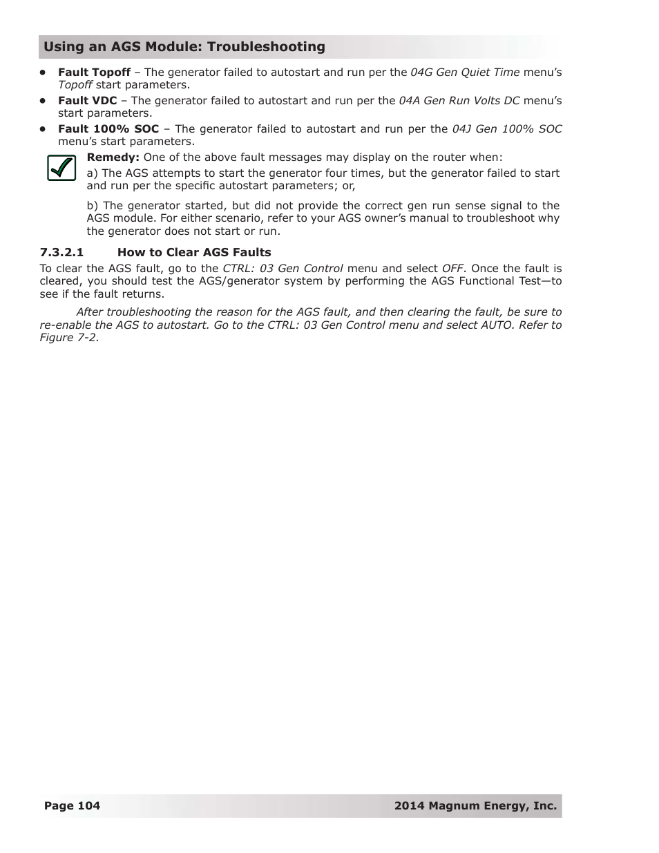 1 how to clear ags faults | Magnum Energy ME-RTR Router User Manual | Page 112 / 135