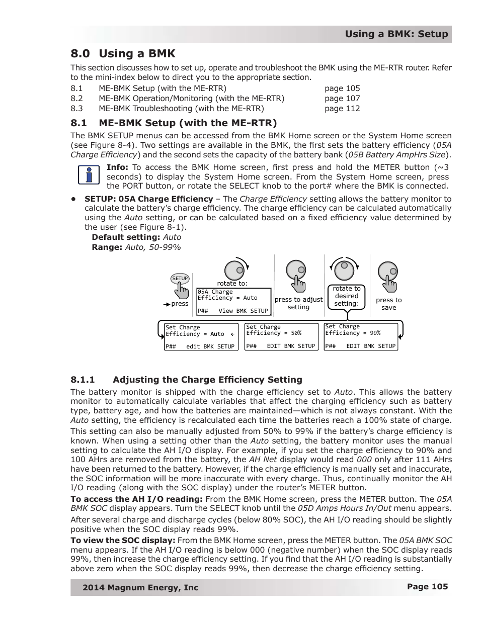 0 using a bmk, 1 me-bmk setup (with the me-rtr), 1 adjusting the charge effi ciency setting | Using a bmk: setup | Magnum Energy ME-RTR Router User Manual | Page 113 / 135