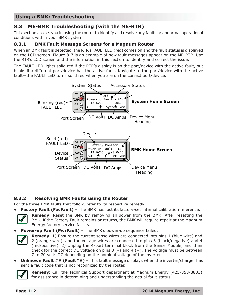 3 me-bmk troubleshooting (with the me-rtr), 1 bmk fault message screens for a magnum router, 2 resolving bmk faults using the router | Magnum Energy ME-RTR Router User Manual | Page 120 / 135
