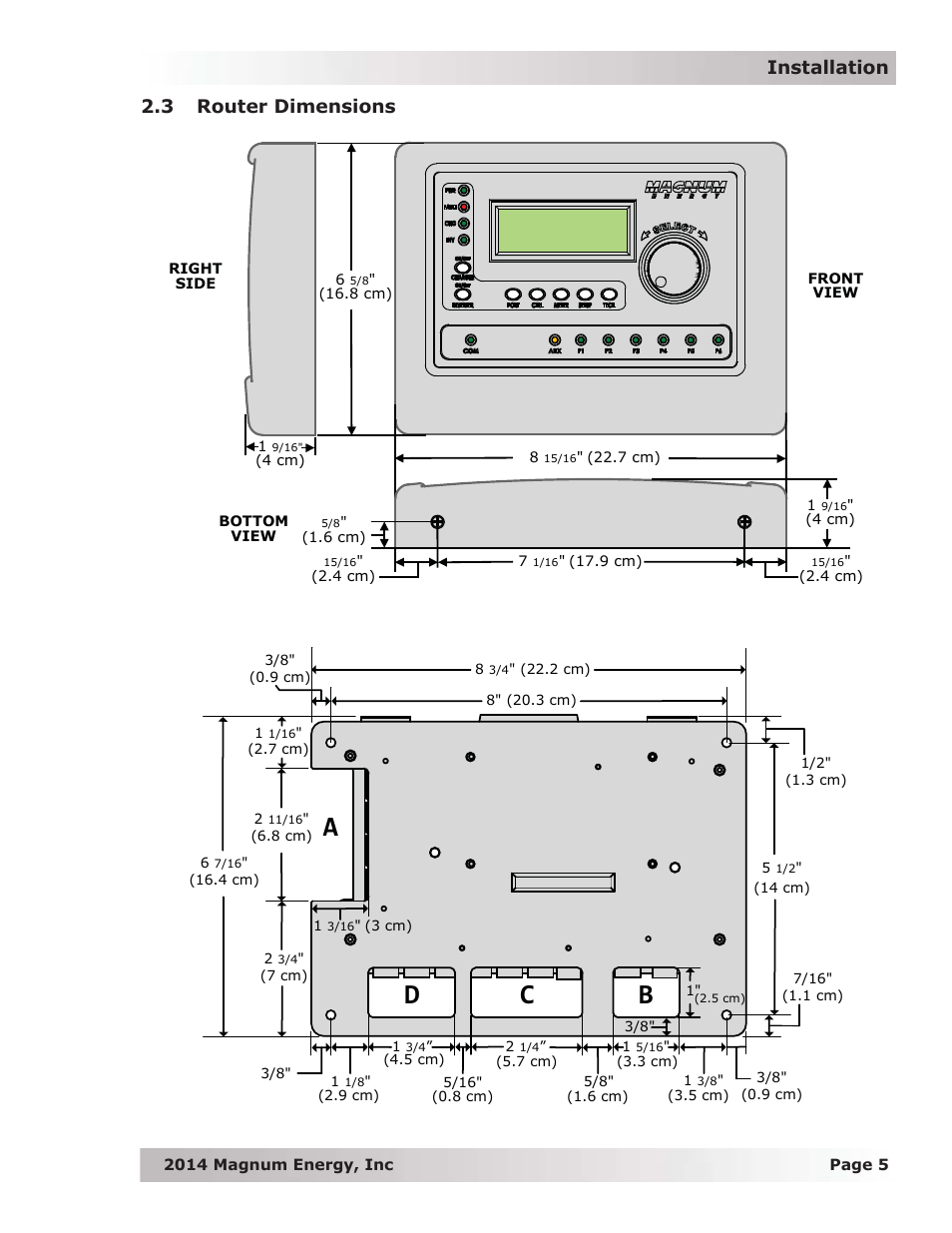 3 router dimensions, Ab c d, Installation | Magnum Energy ME-RTR Router User Manual | Page 13 / 135