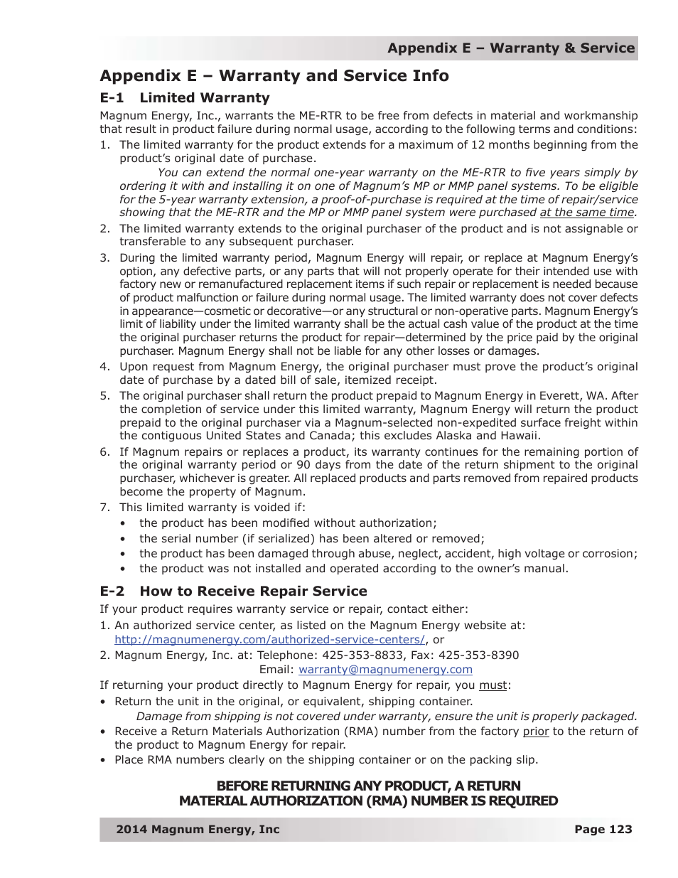 Appendix e – warranty and service info, E-1 limited warranty, E-2 how to receive repair service | Magnum Energy ME-RTR Router User Manual | Page 131 / 135