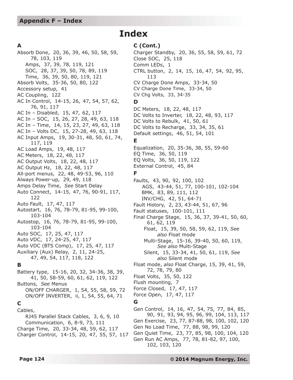 Index | Magnum Energy ME-RTR Router User Manual | Page 132 / 135