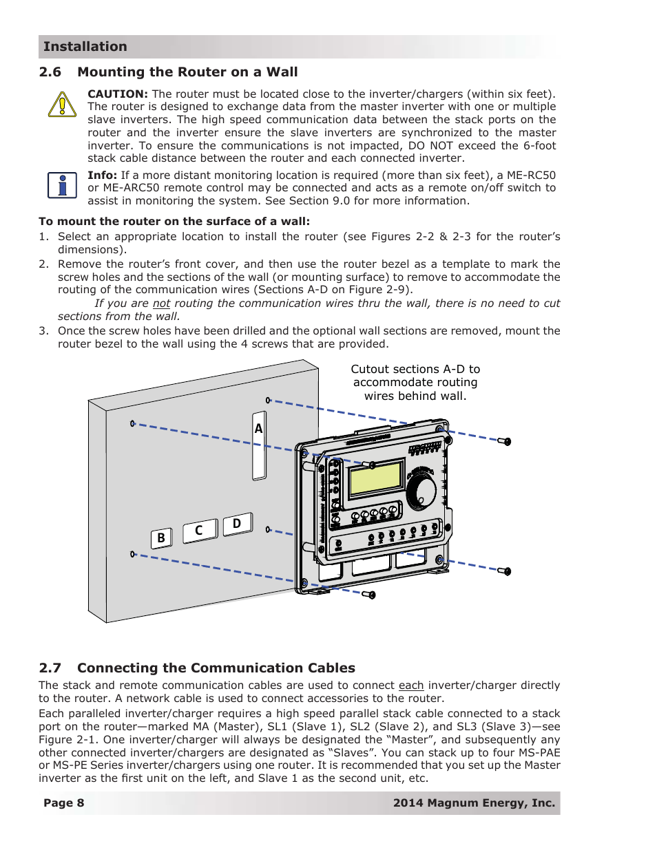 6 mounting the router on a wall, 7 connecting the communication cables, Ab c d | Magnum Energy ME-RTR Router User Manual | Page 16 / 135