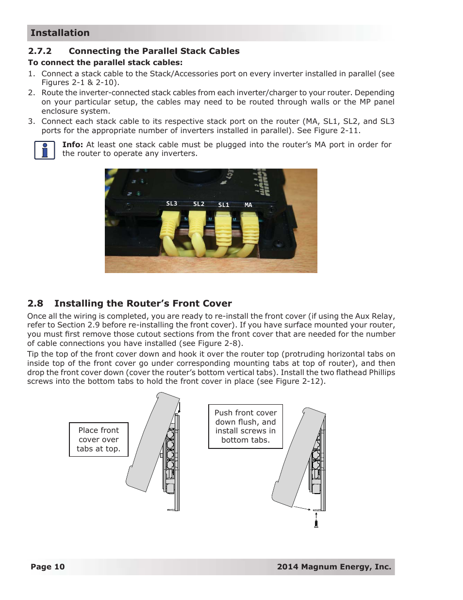 2 connecting the parallel stack cables, 8 installing the router’s front cover | Magnum Energy ME-RTR Router User Manual | Page 18 / 135