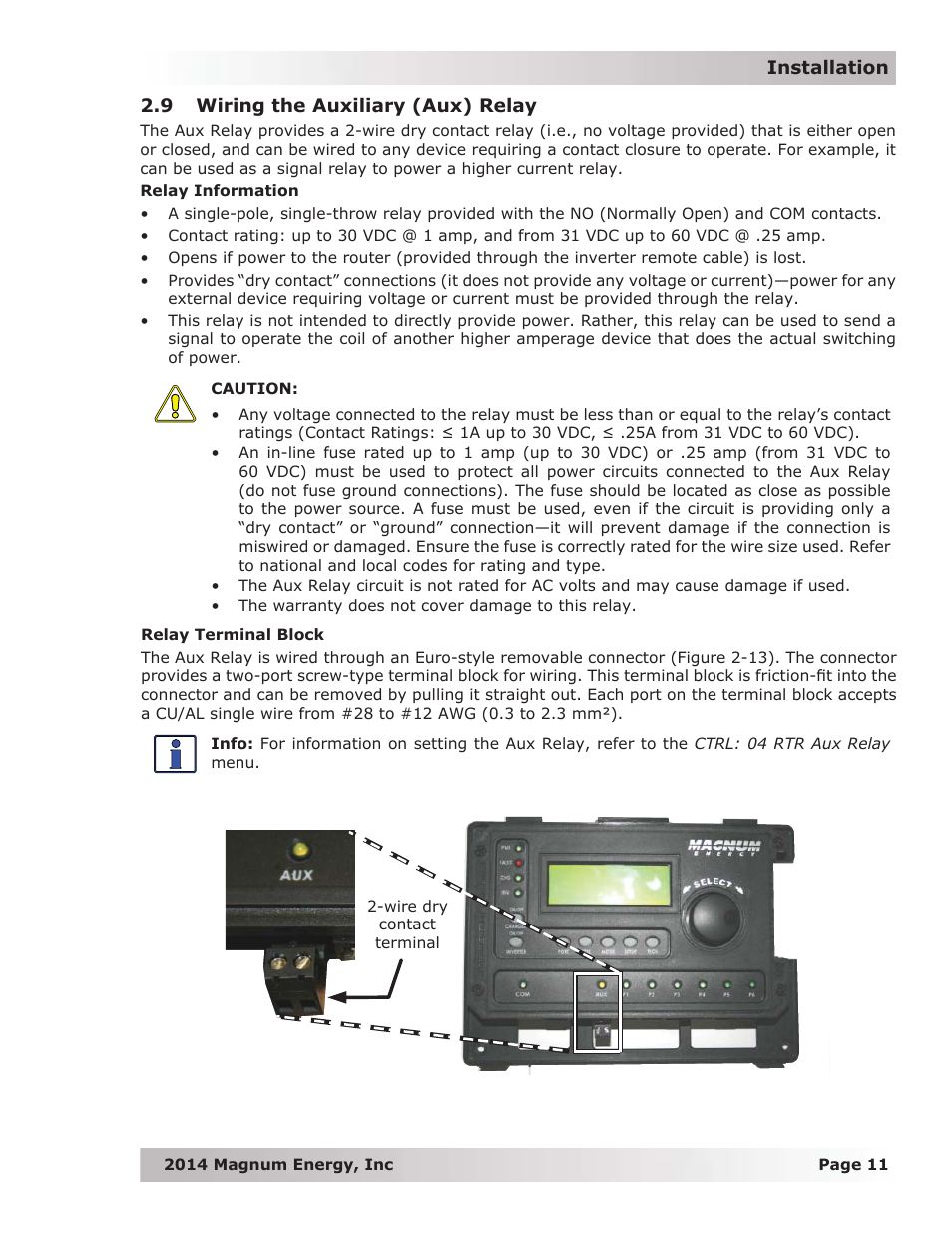9 wiring the auxiliary (aux) relay | Magnum Energy ME-RTR Router User Manual | Page 19 / 135
