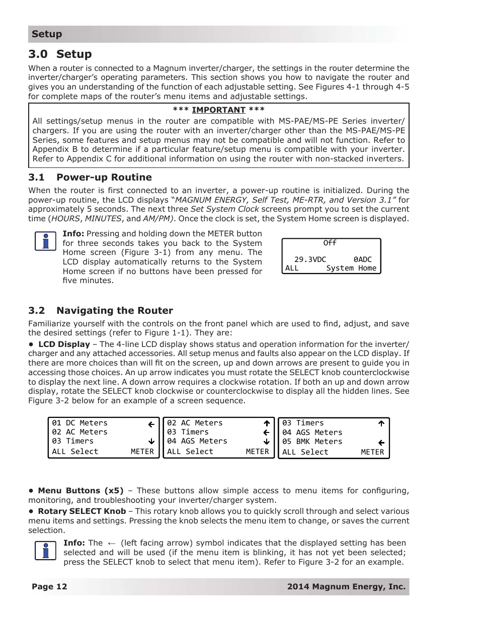 0 setup, 1 power-up routine, 2 navigating the router | Magnum Energy ME-RTR Router User Manual | Page 20 / 135
