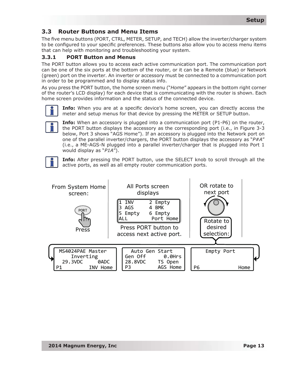 3 router buttons and menu items, 1 port button and menus | Magnum Energy ME-RTR Router User Manual | Page 21 / 135