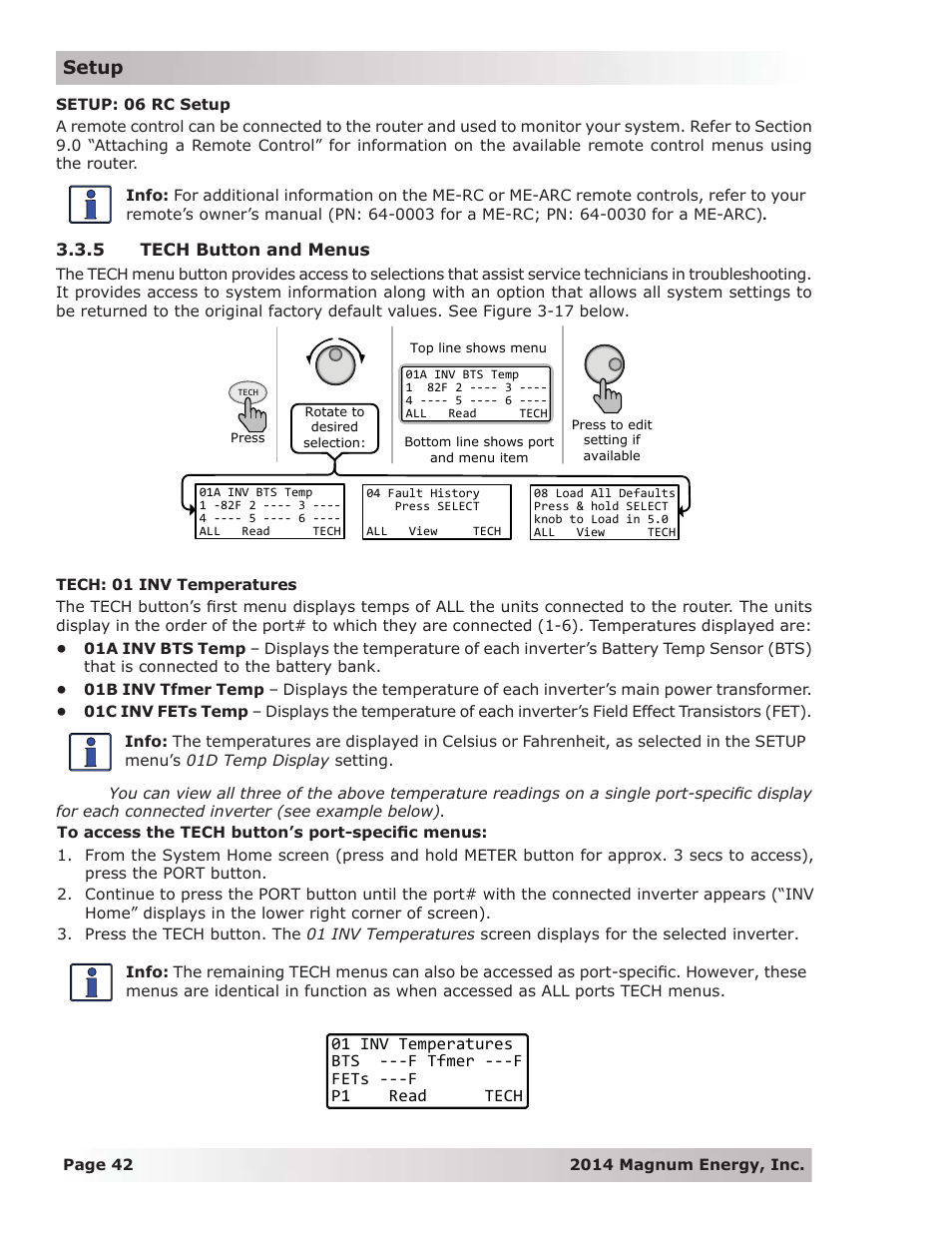 5 tech button and menus, Setup | Magnum Energy ME-RTR Router User Manual | Page 50 / 135