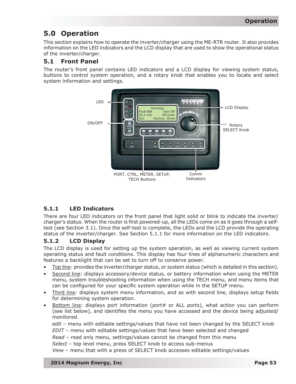 0 operation, 1 front panel, 1 led indicators | 2 lcd display, Operation | Magnum Energy ME-RTR Router User Manual | Page 61 / 135