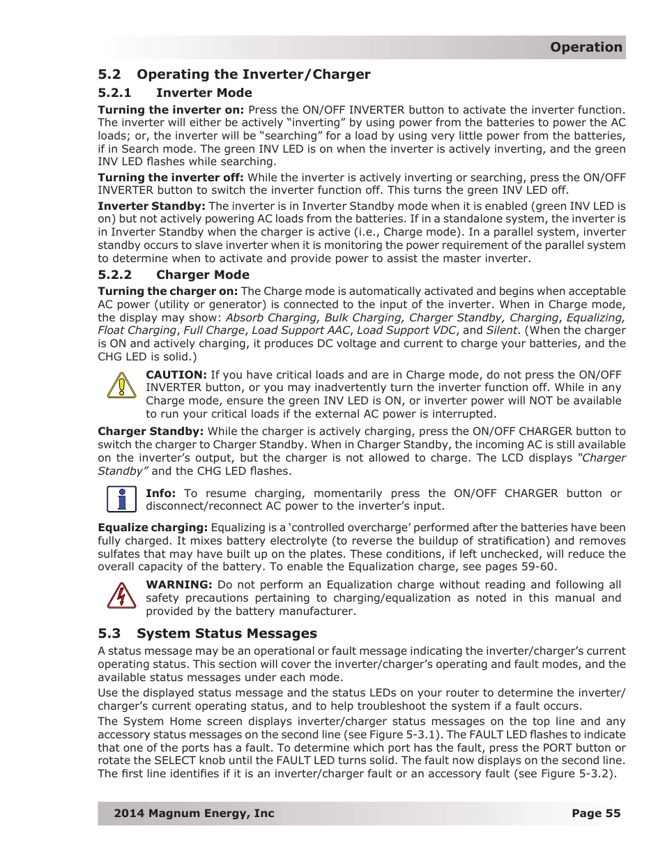 2 operating the inverter/charger, 1 inverter mode, 2 charger mode | 3 system status messages | Magnum Energy ME-RTR Router User Manual | Page 63 / 135