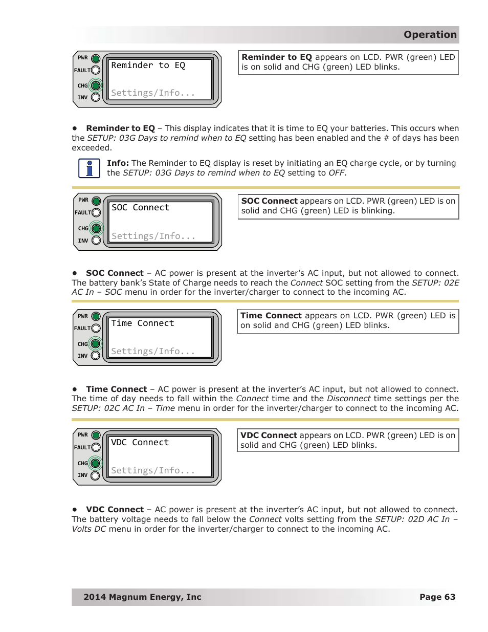 Operation, Reminder to eq settings/info, Soc connect settings/info | Time connect settings/info, Vdc connect settings/info | Magnum Energy ME-RTR Router User Manual | Page 71 / 135