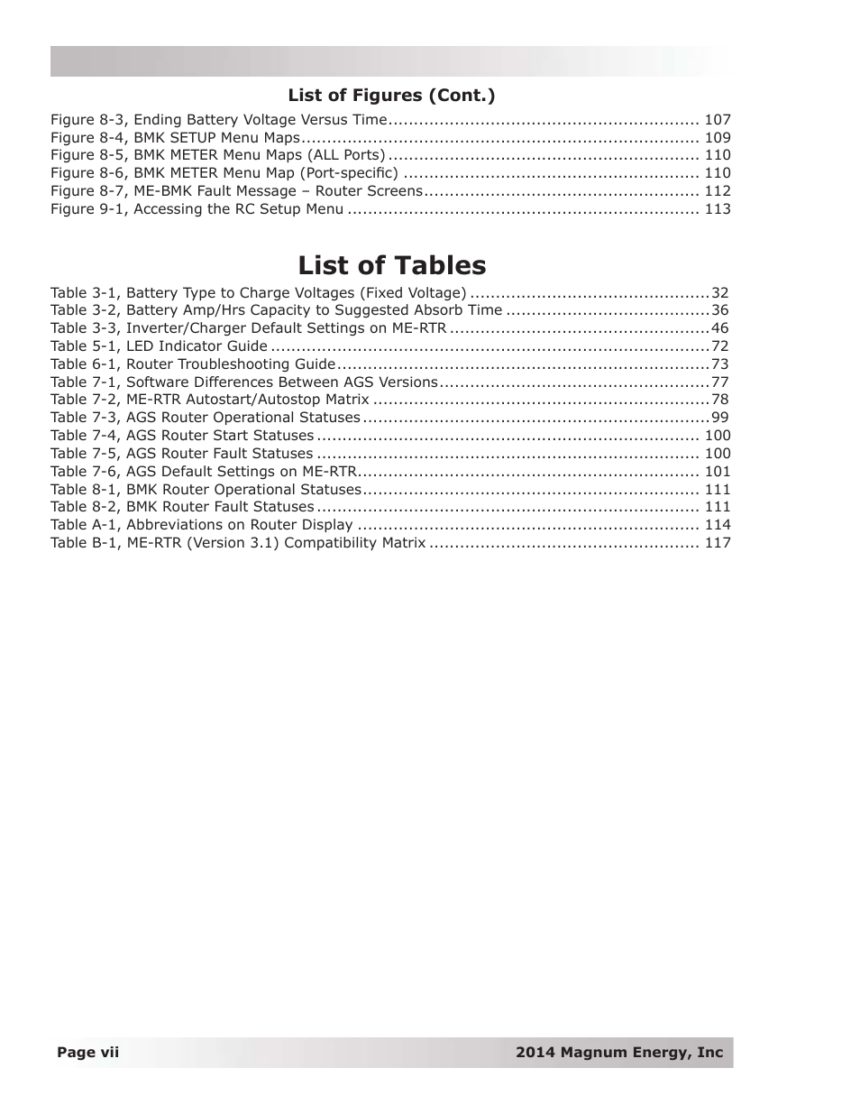 List of tables | Magnum Energy ME-RTR Router User Manual | Page 8 / 135