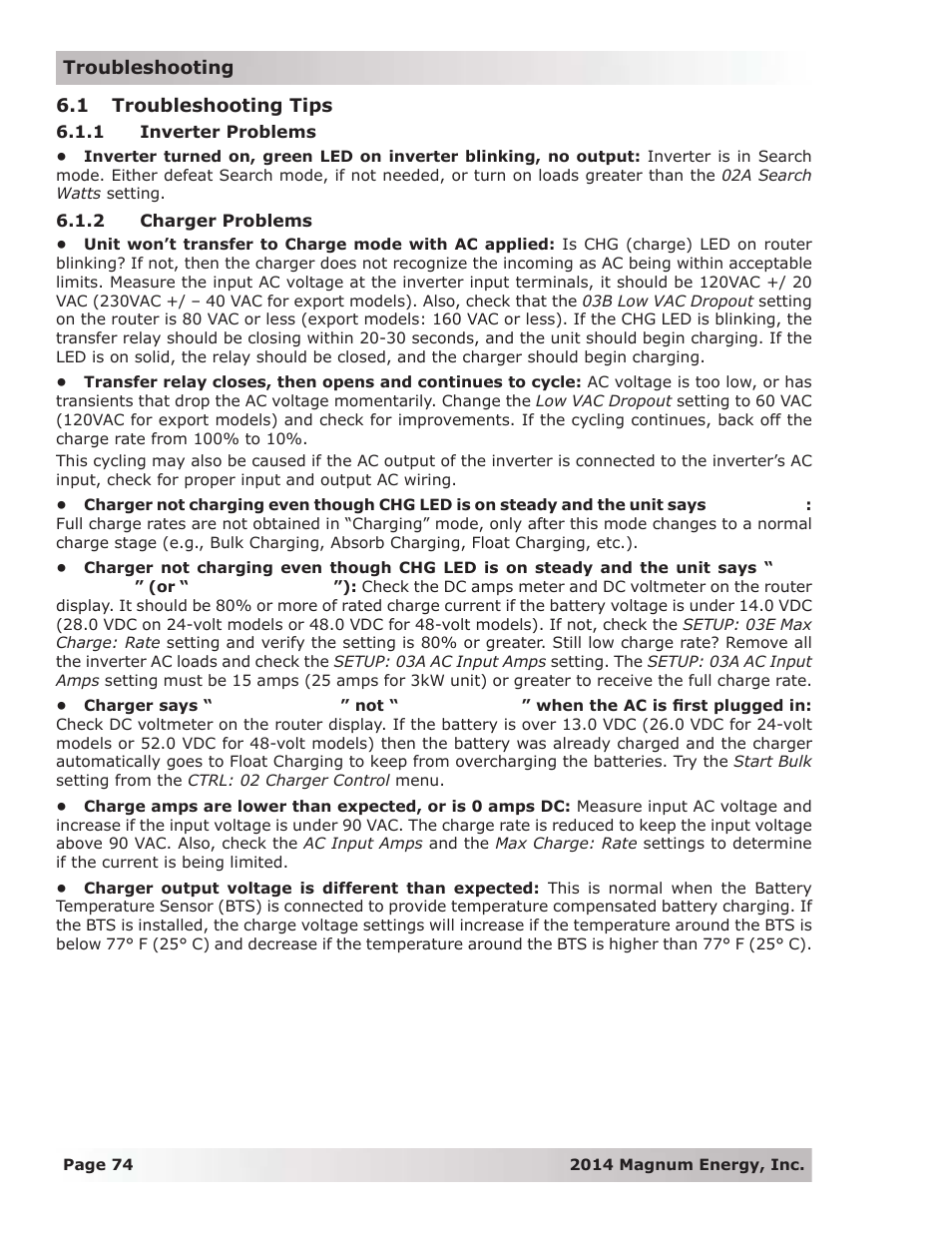 1 troubleshooting tips, 1 inverter problems, 2 charger problems | Magnum Energy ME-RTR Router User Manual | Page 82 / 135