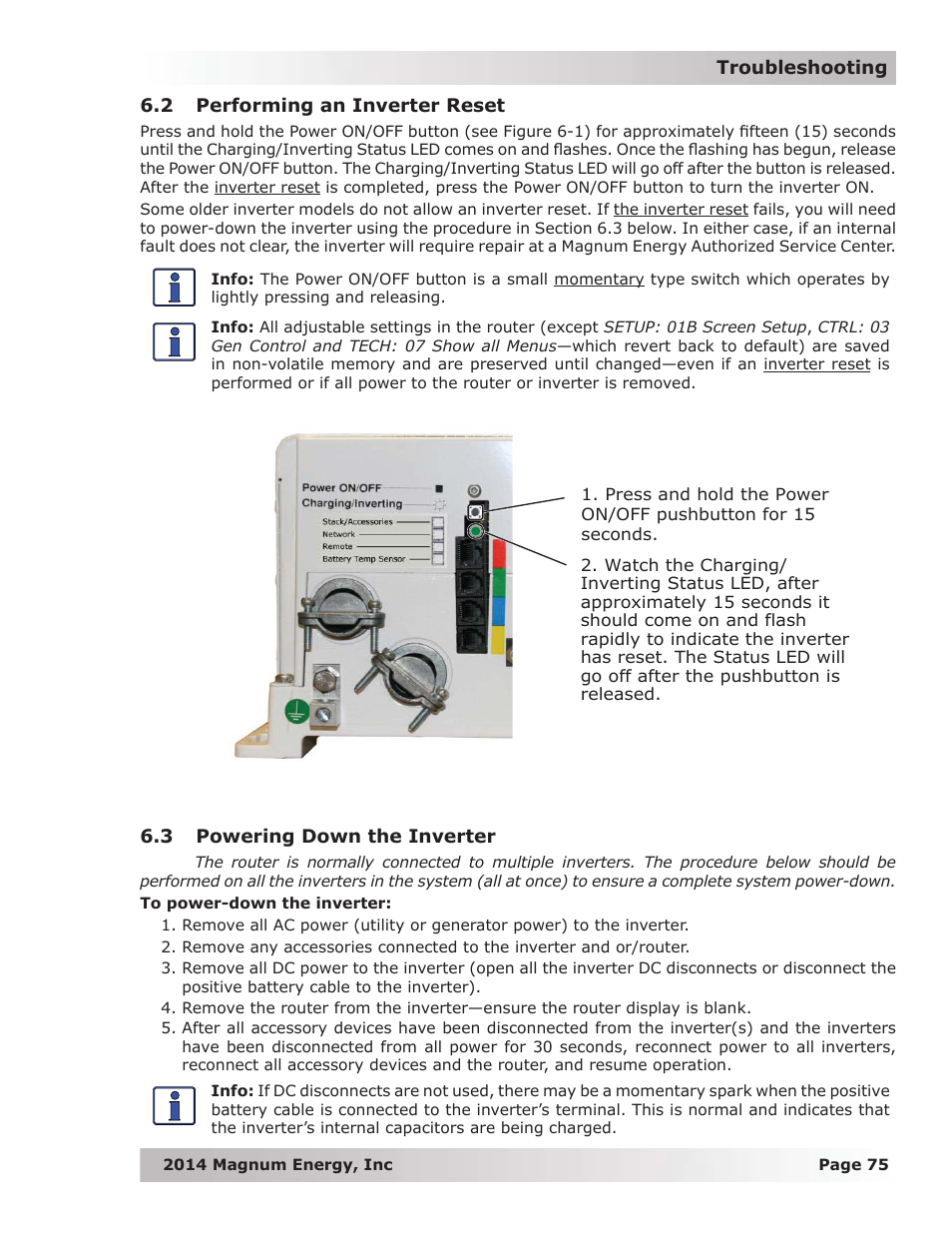 2 performing an inverter reset, 3 powering down the inverter | Magnum Energy ME-RTR Router User Manual | Page 83 / 135