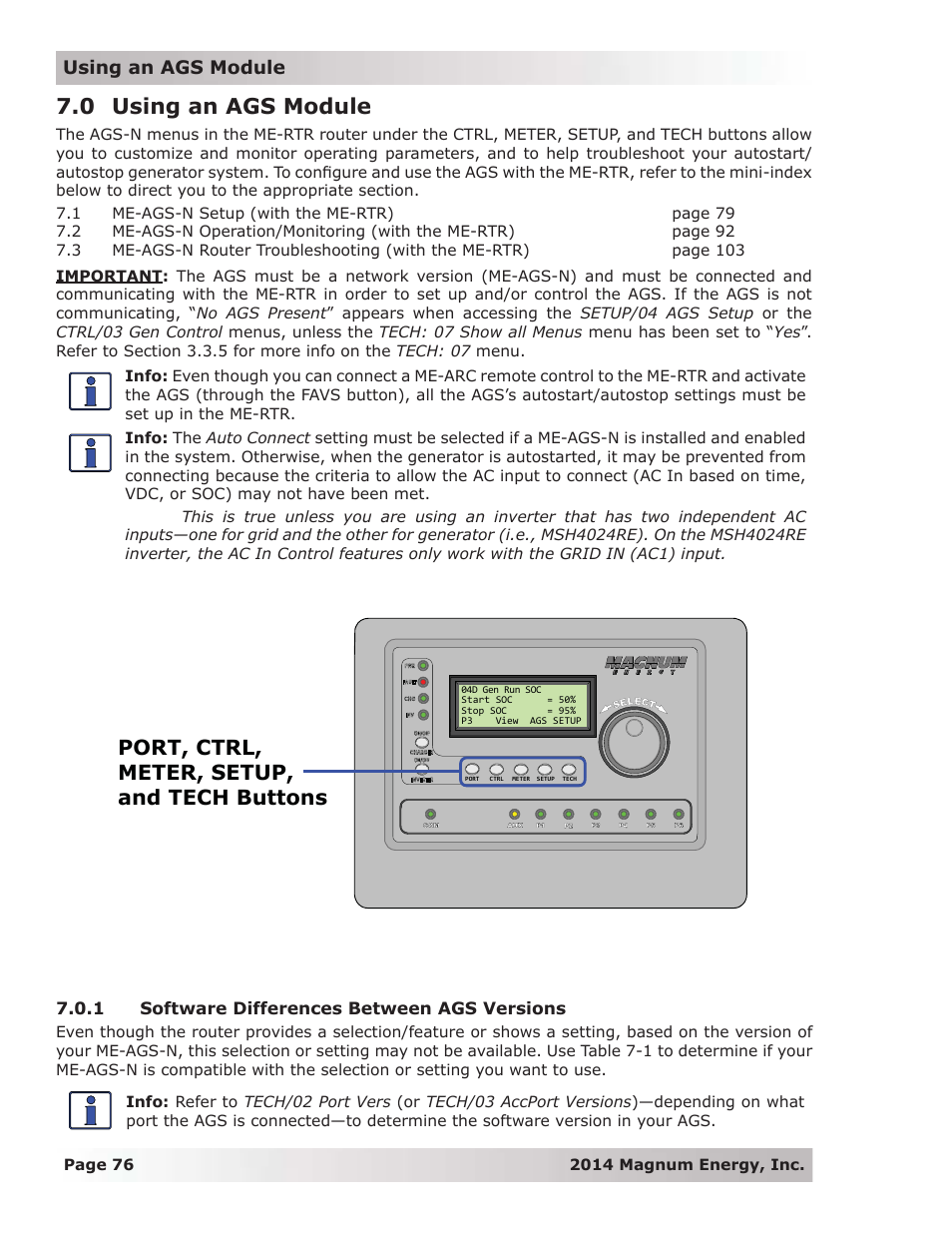 0 using an ags module, 1 software differences between ags versions, Port, ctrl, meter, setup, and tech buttons | Magnum Energy ME-RTR Router User Manual | Page 84 / 135