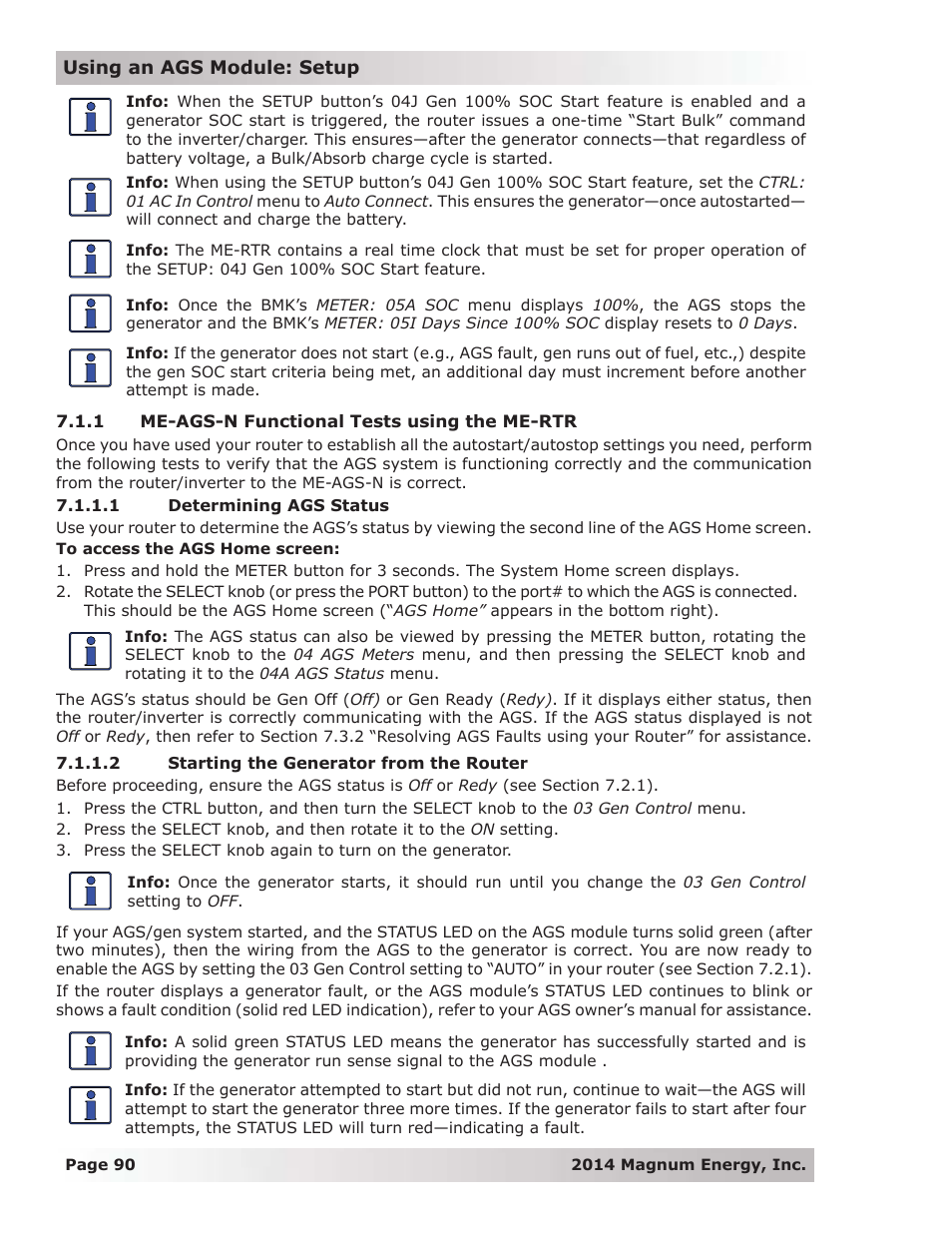 1 me-ags-n functional tests using the me-rtr, 1 determining ags status, 2 starting the generator from the router | Magnum Energy ME-RTR Router User Manual | Page 98 / 135