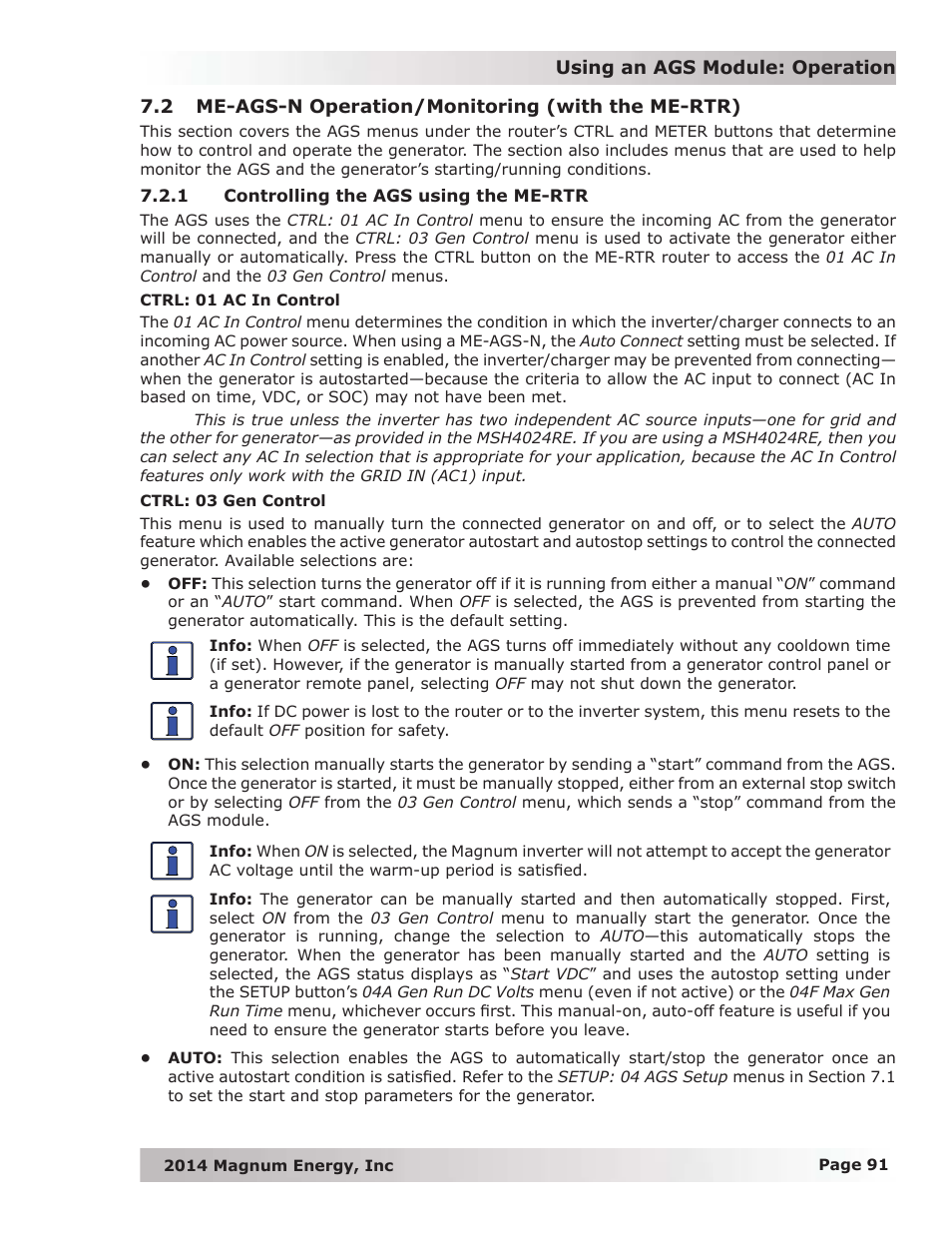 2 me-ags-n operation/monitoring (with the me-rtr), 1 controlling the ags using the me-rtr | Magnum Energy ME-RTR Router User Manual | Page 99 / 135