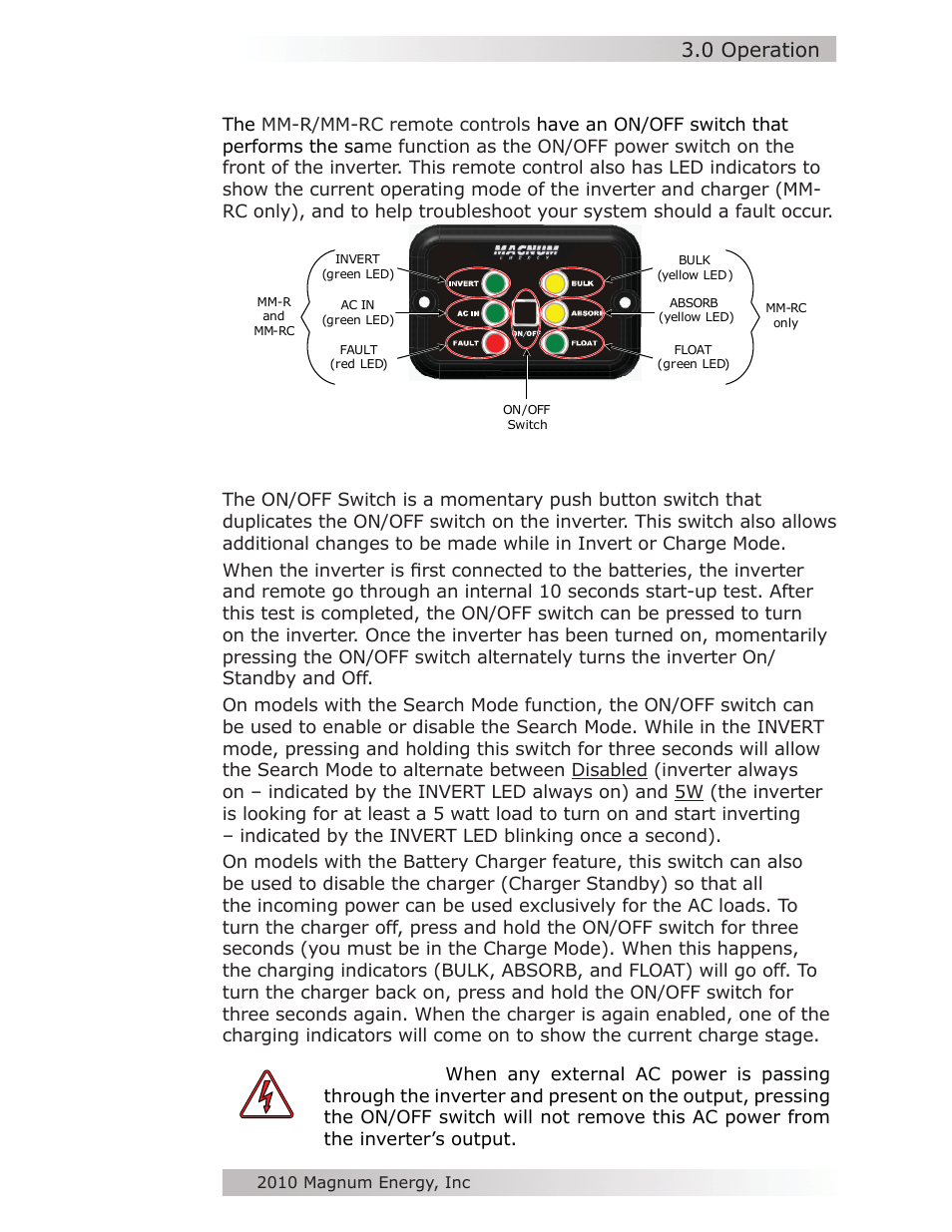 Operation, On/off switch, 0 operation | Magnum Energy MM-R Remote User Manual | Page 11 / 16