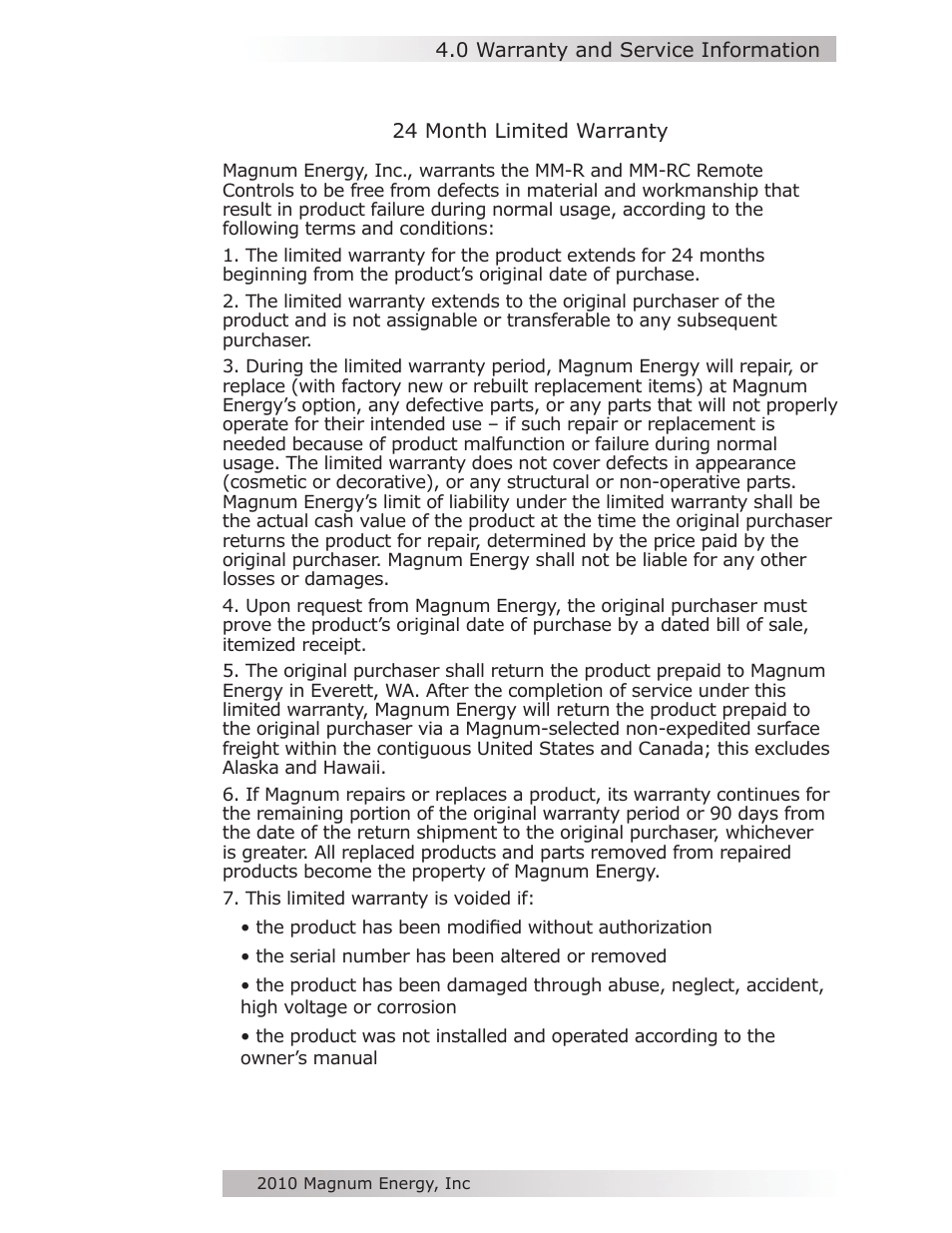 0 warranty and service information | Magnum Energy MM-R Remote User Manual | Page 15 / 16