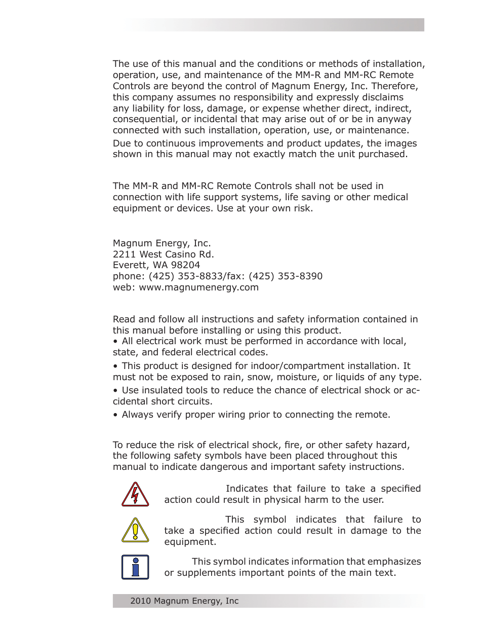 Disclaimer of liability, Restrictions on use, Contact information | Product safety instructions | Magnum Energy MM-R Remote User Manual | Page 3 / 16