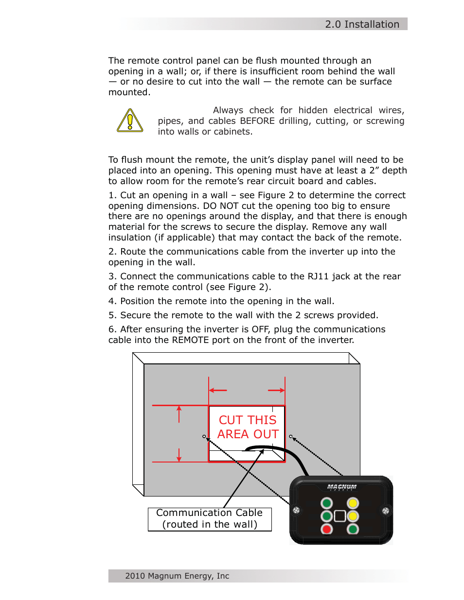 Cut this area out, Mounting, 0 installation | Magnum Energy MM-R Remote User Manual | Page 7 / 16