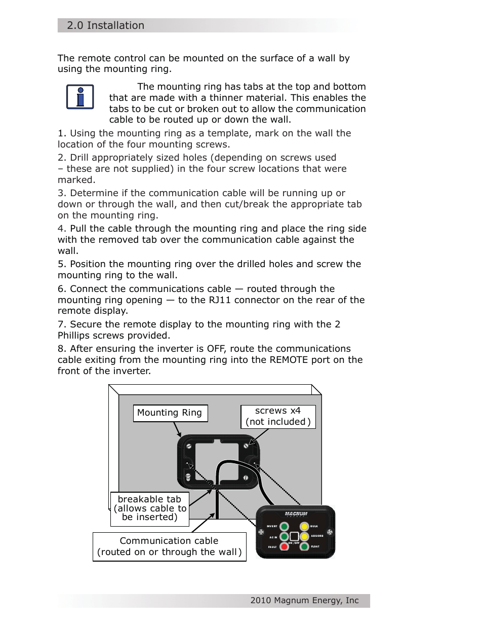 0 installation | Magnum Energy MM-R Remote User Manual | Page 8 / 16