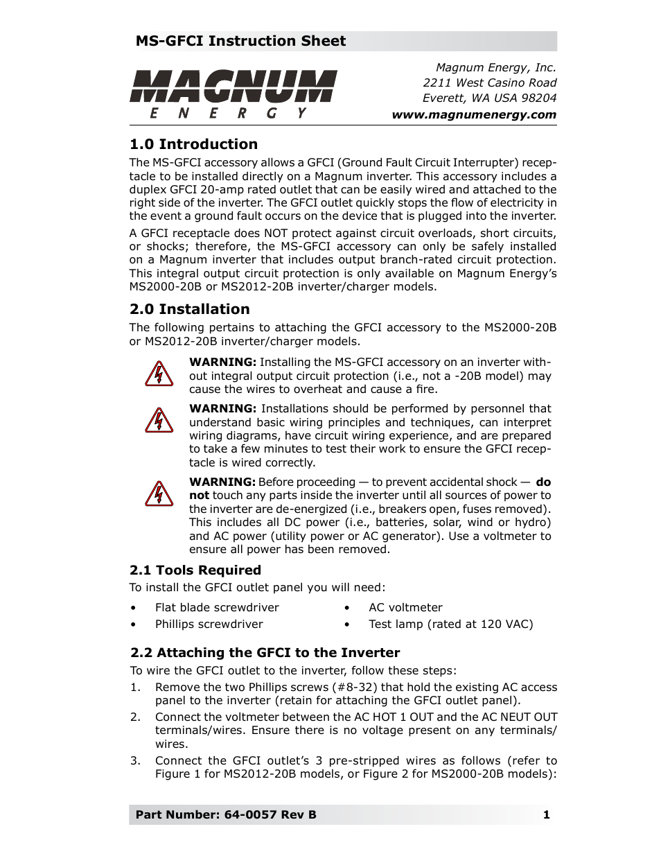 Magnum Energy GFCI Outlet (MS-GFCI) User Manual | 4 pages