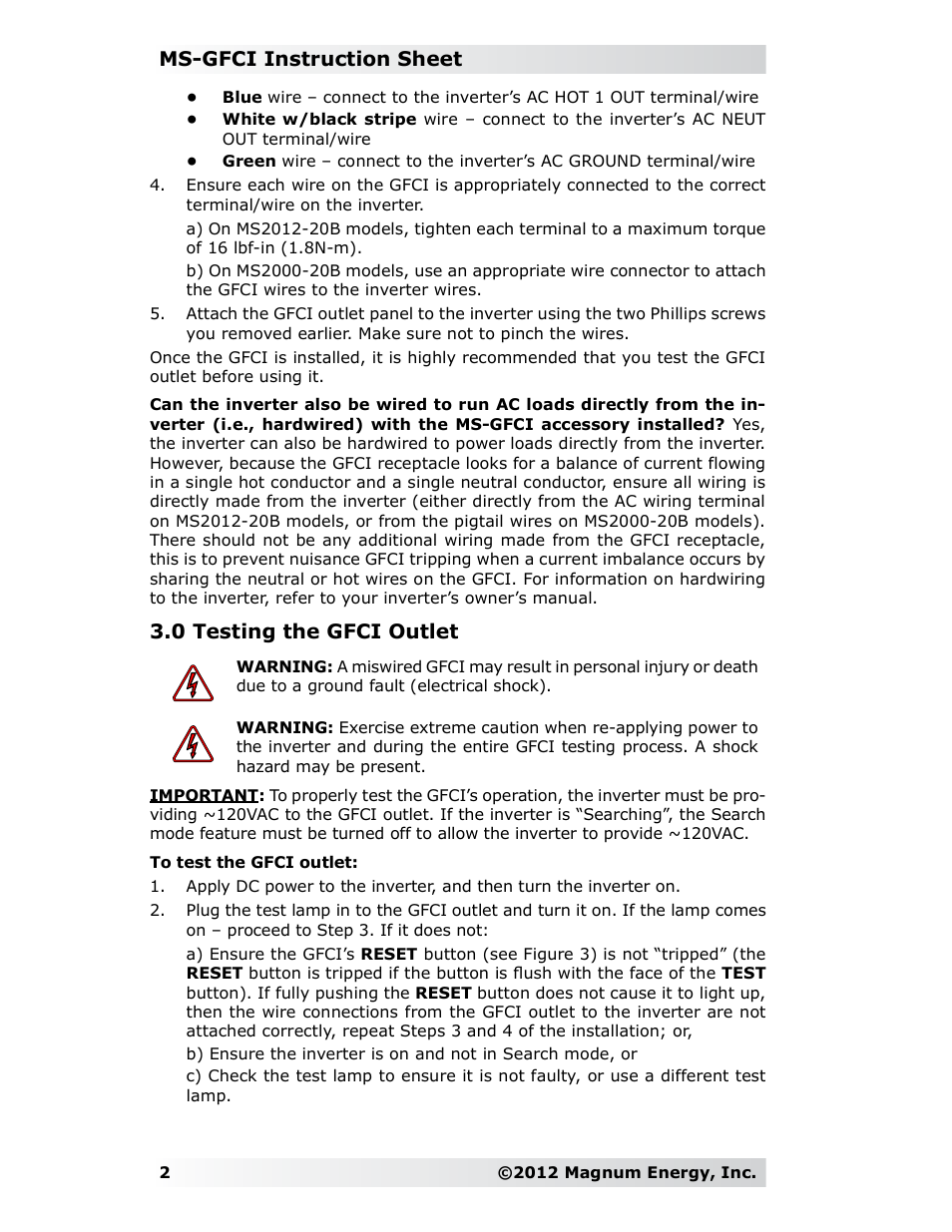 Ms-gfci instruction sheet, 0 testing the gfci outlet | Magnum Energy GFCI Outlet (MS-GFCI) User Manual | Page 2 / 4
