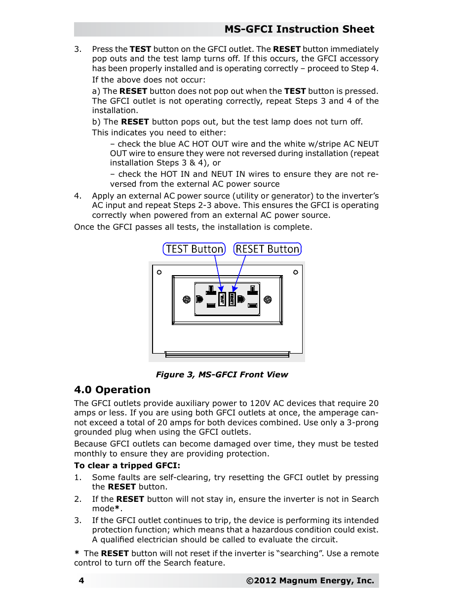 Ms-gfci instruction sheet, 0 operation | Magnum Energy GFCI Outlet (MS-GFCI) User Manual | Page 4 / 4