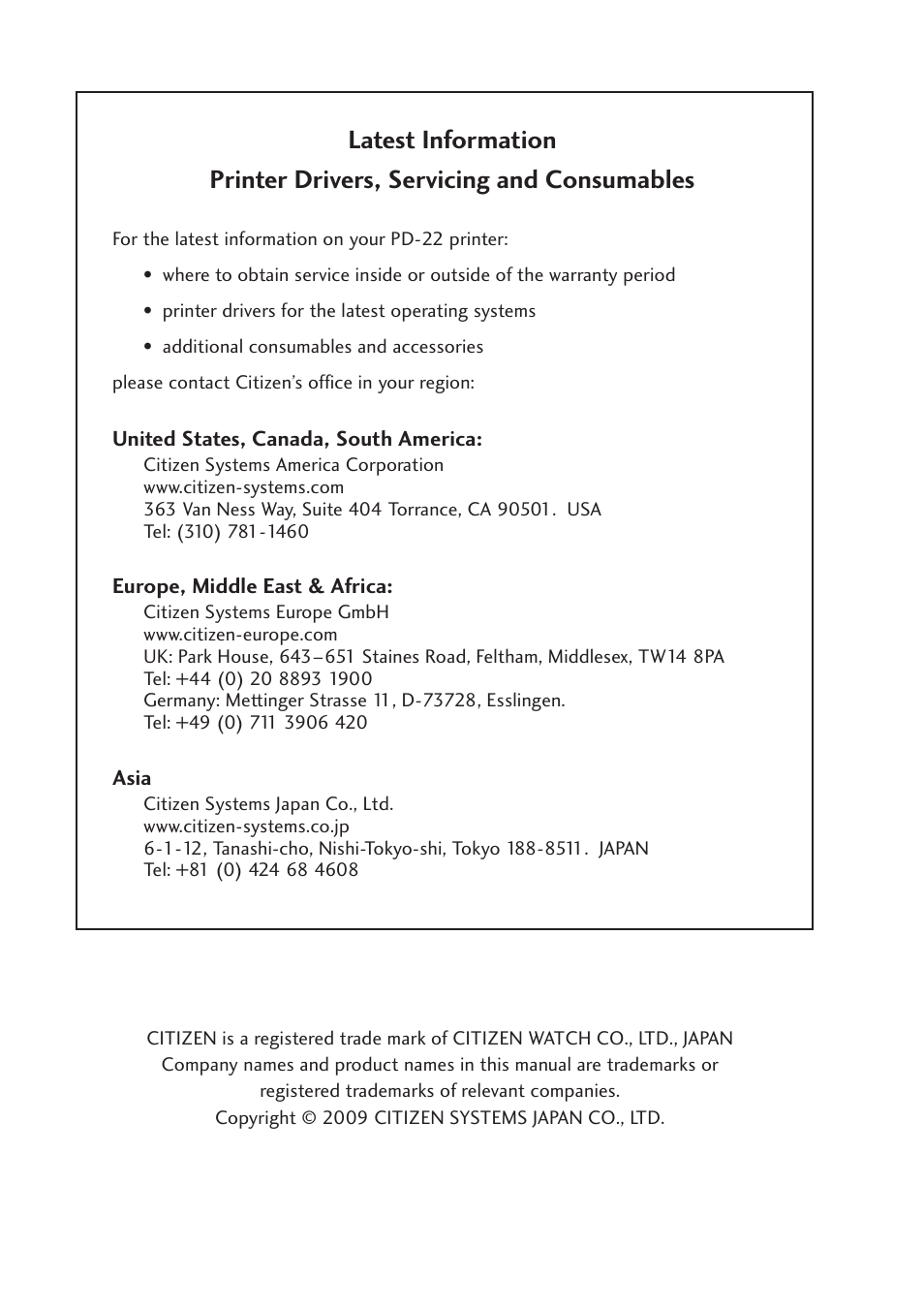 Latest information | Citizen Systems PD-22 User Manual | Page 2 / 40