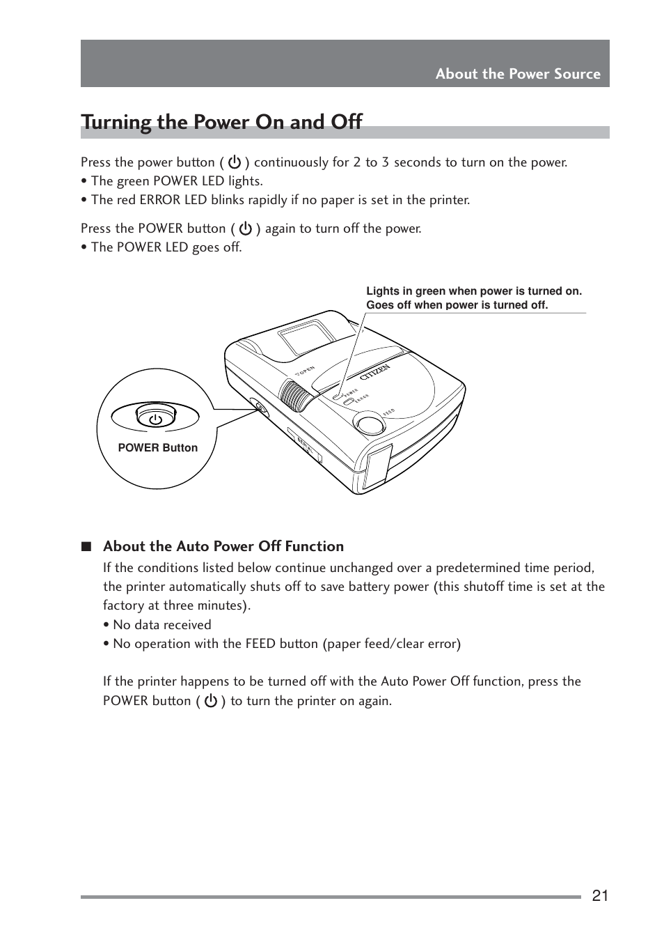 Turning the power on and off, About the auto power off function | Citizen Systems PD-22 User Manual | Page 21 / 40