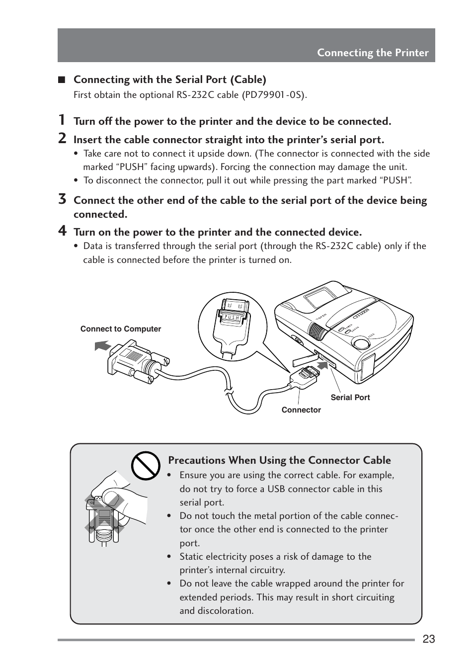 Connecting with the serial port (cable), Ance and part descriptions | Citizen Systems PD-22 User Manual | Page 23 / 40